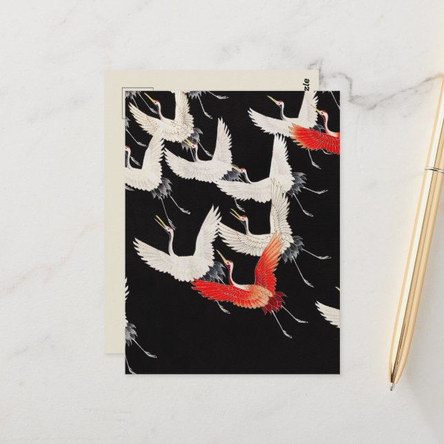Flying Cranes: Japanese Bird Kimono Art Postcard (Front/Back In Situ)
