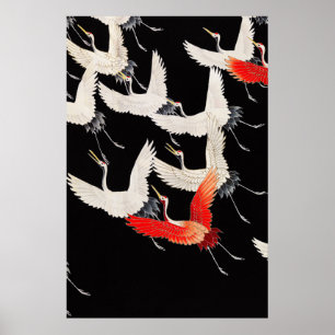 Flying Cranes: Japanese Bird Kimono Art Poster