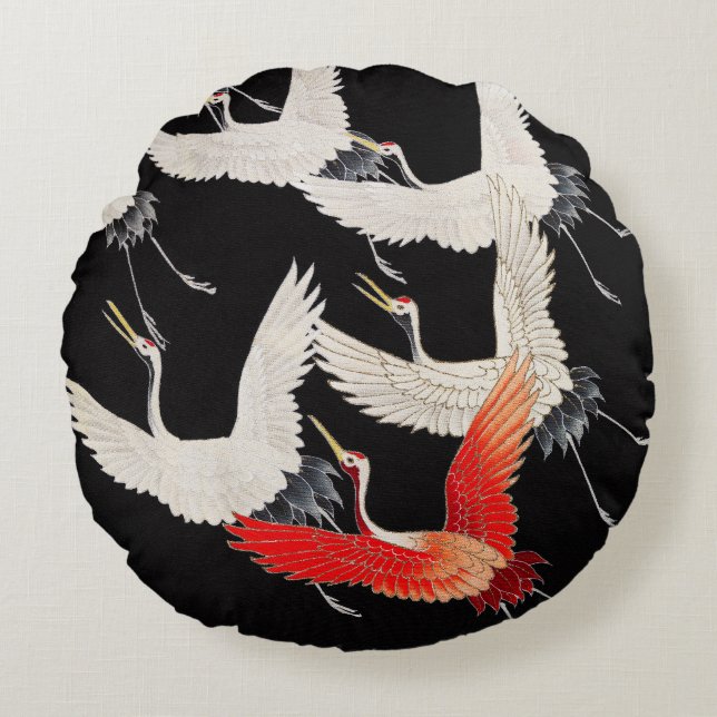 Flying Cranes: Japanese Bird Kimono Art Round Cushion (Front)