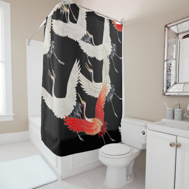 Flying Cranes: Japanese Bird Kimono Art Shower Curtain (In Situ)
