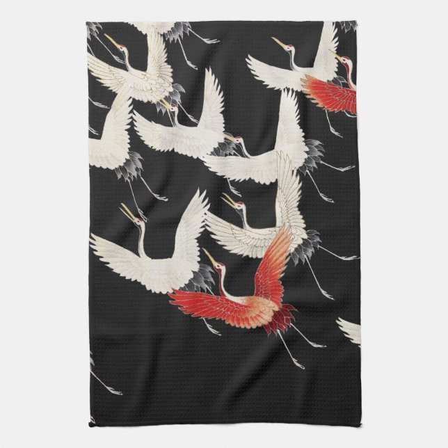 Flying Cranes,Japanese Bird Kimono Art Tea Towel (Vertical)
