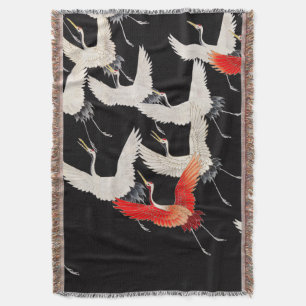 Flying Cranes: Japanese Bird Kimono Art Throw Blanket