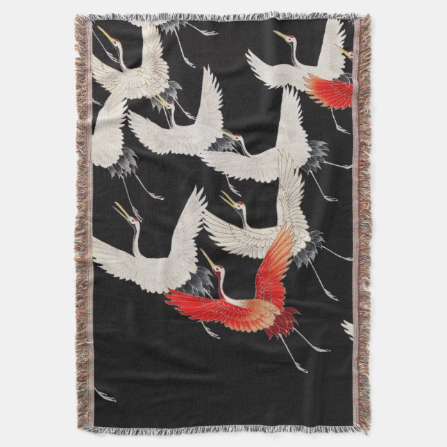 Flying Cranes: Japanese Bird Kimono Art Throw Blanket (Front Vertical)