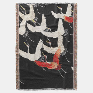 Flying Cranes,Japanese Bird Kimono Art Throw Blanket