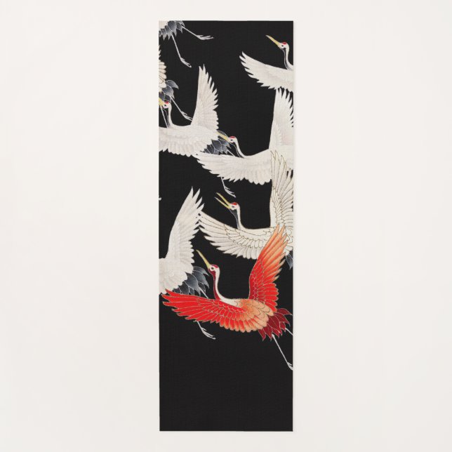 Flying Cranes: Japanese Bird Kimono Art Yoga Mat (Front)