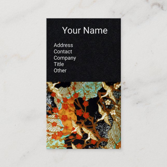 FLYING CRANES, SPRING FLOWERS  Floral Black Paper Business Card (Front)