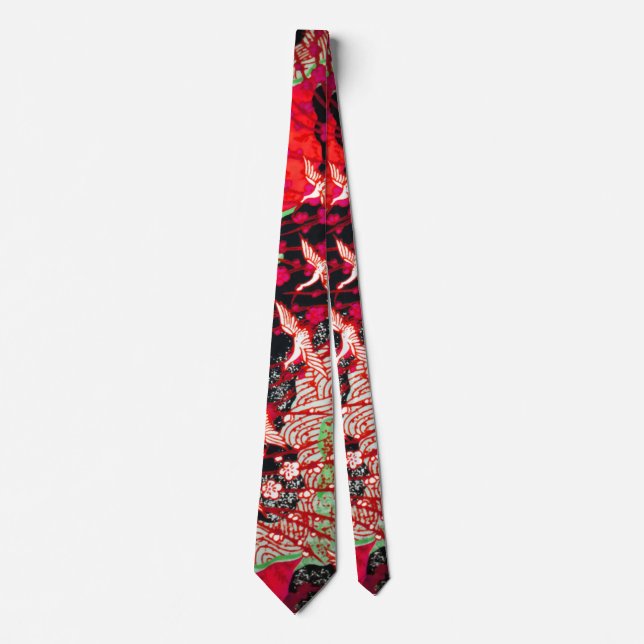 FLYING CRANES ,SPRING FLOWERS Japanese Red Floral Tie (Front)