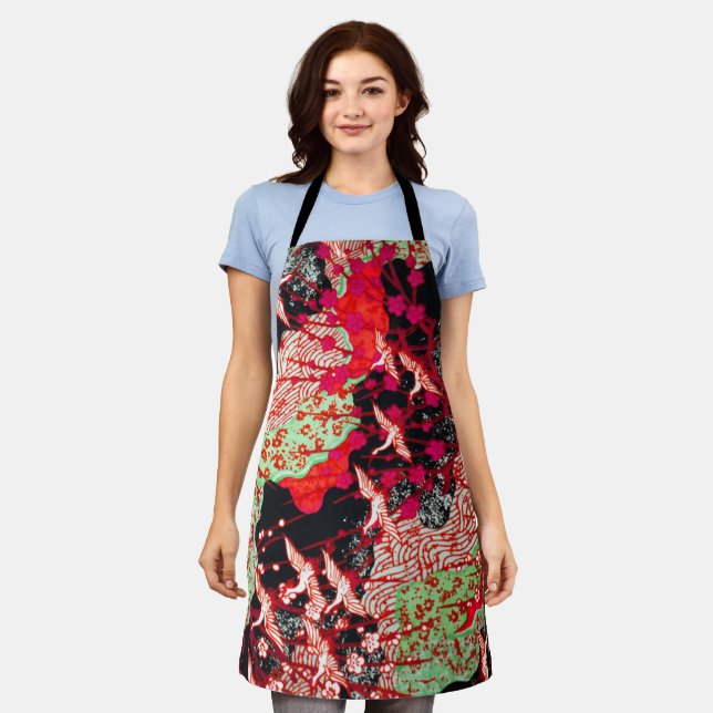 FLYING CRANES ,SPRING FLOWERS Red Japanese Floral  Apron (Worn)