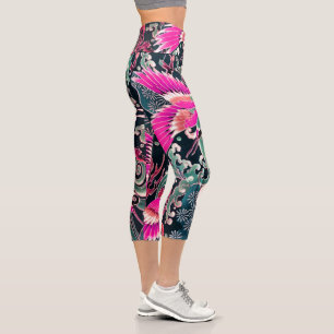 FLYING CRANES WAVES,FLOWERS Pink Japanese Floral  Capri Leggings