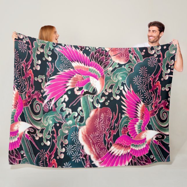 FLYING CRANES,WAVES,FLOWERS Pink Japanese Floral Fleece Blanket (In Situ)
