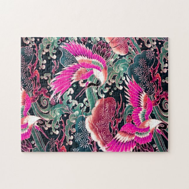 FLYING CRANES,WAVES,FLOWERS Pink Japanese Floral Jigsaw Puzzle (Horizontal)