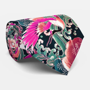 FLYING CRANES,WAVES,FLOWERS Pink Japanese Floral N Tie