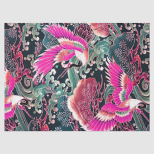 FLYING CRANES WAVES, FLOWERS Pink Japanese Floral Tissue Paper