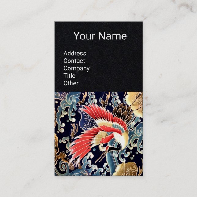 FLYING CRANES,WAVES, SPRING FLOWERS  Floral Black Business Card (Front)