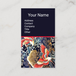 FLYING CRANES,WAVES,SPRING FLOWERS Floral Red Blue Business Card