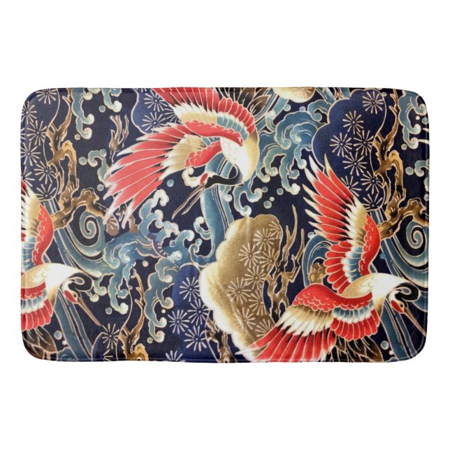 FLYING CRANES,WAVES,SPRING FLOWERS Japanese Floral Bath Mat (Front)