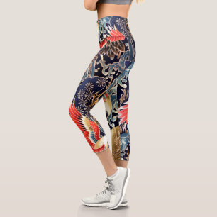 FLYING CRANES WAVES,SPRING FLOWERS Japanese Floral Capri Leggings