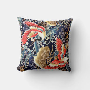 FLYING CRANES,WAVES,SPRING FLOWERS Japanese Floral Cushion