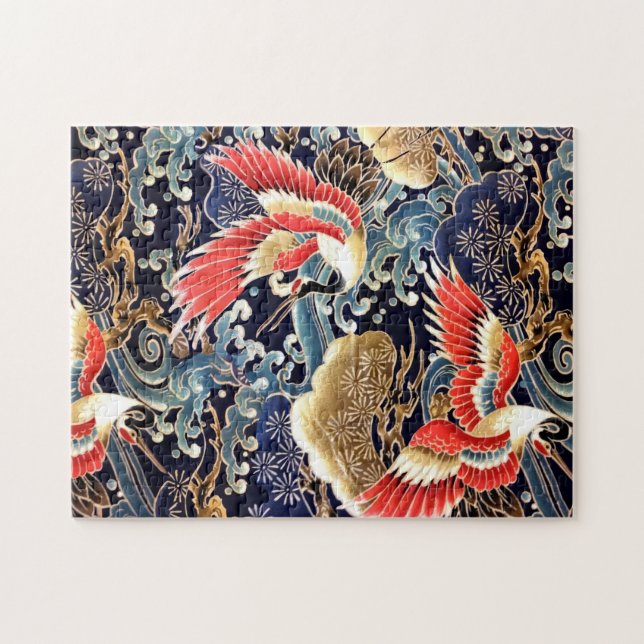 FLYING CRANES,WAVES,SPRING FLOWERS Japanese Floral Jigsaw Puzzle (Horizontal)