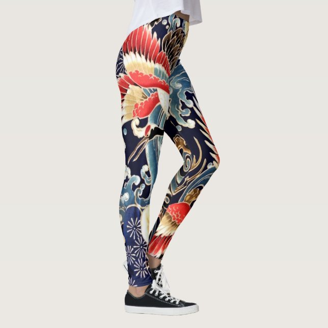 FLYING CRANES WAVES,SPRING FLOWERS Japanese Floral Leggings (Right)
