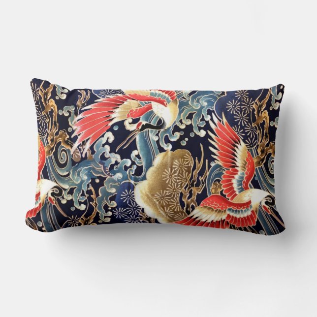 FLYING CRANES,WAVES,SPRING FLOWERS Japanese Floral Lumbar Cushion (Front)
