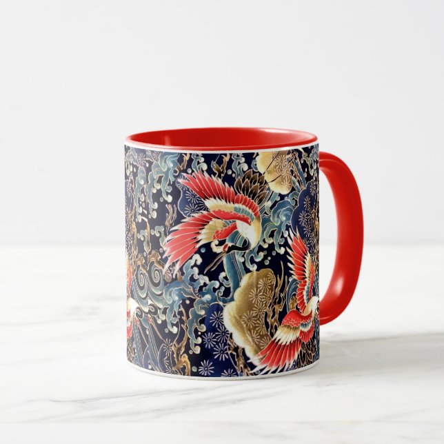 FLYING CRANES,WAVES,SPRING FLOWERS Japanese Floral Mug (Front Right)