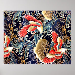 FLYING CRANES,WAVES,SPRING FLOWERS Japanese Floral Poster