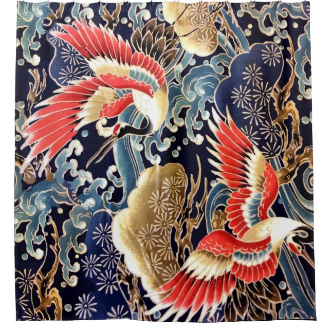 FLYING CRANES,WAVES,SPRING FLOWERS Japanese Floral Shower Curtain (Front)