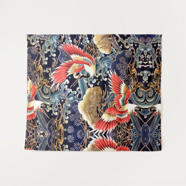 FLYING CRANES,WAVES,SPRING FLOWERS Japanese Floral Tapestry (Front (Horizontal))