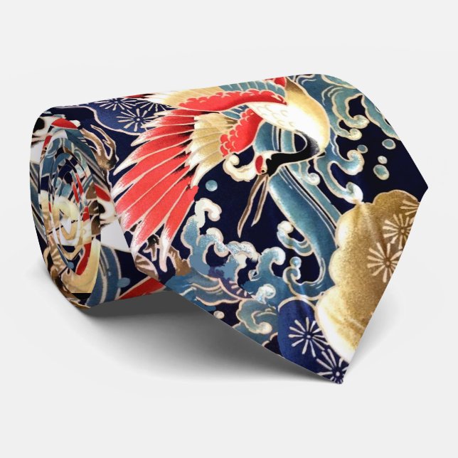 FLYING CRANES,WAVES,SPRING FLOWERS Japanese Floral Tie (Rolled)