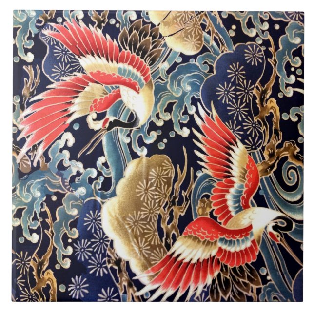 FLYING CRANES,WAVES,SPRING FLOWERS Japanese Floral Tile (Front)