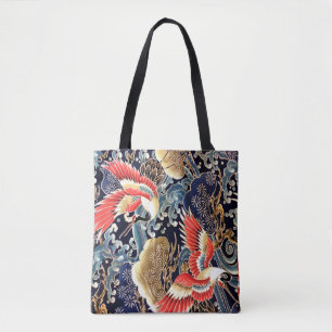 FLYING CRANES,WAVES,SPRING FLOWERS Japanese Floral Tote Bag