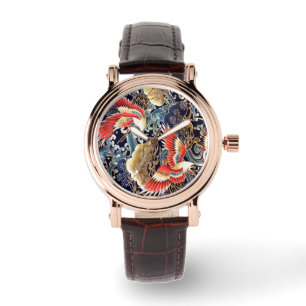 FLYING CRANES,WAVES,SPRING FLOWERS Japanese Floral Watch