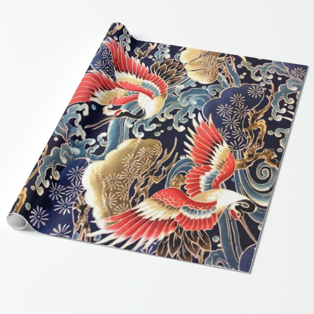 FLYING CRANES,WAVES,SPRING FLOWERS Japanese Floral Wrapping Paper (Unrolled)