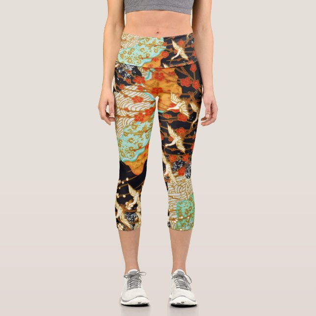FLYING CRANES WITH SPRING FLOWERS  CAPRI LEGGINGS (Front)