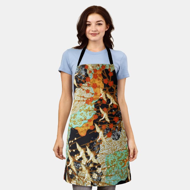 FLYING CRANES WITH SPRING FLOWERS Japanese Floral  Apron (Worn)