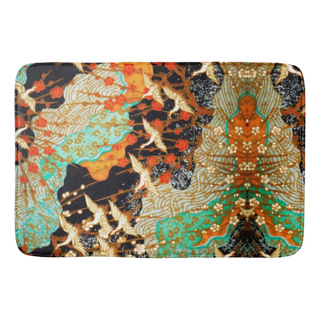 FLYING CRANES WITH SPRING FLOWERS Japanese Floral Bath Mat (Front)
