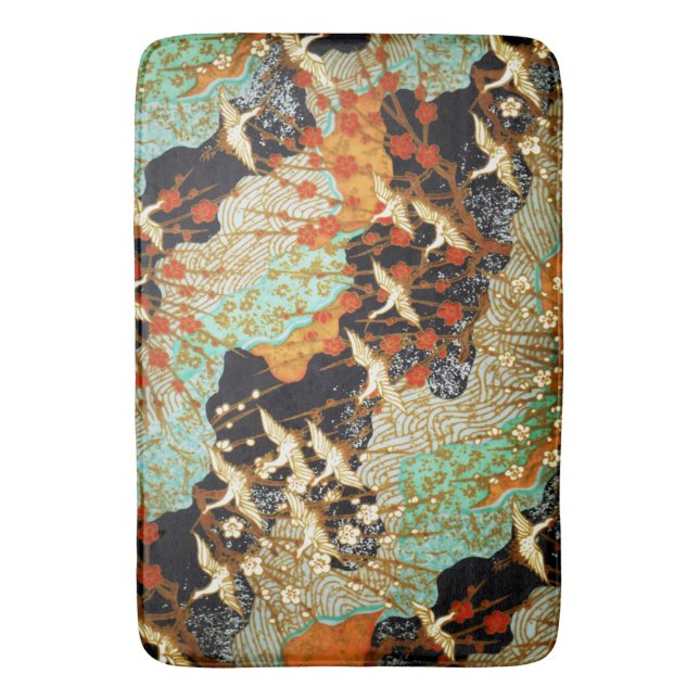 FLYING CRANES WITH SPRING FLOWERS Japanese Floral Bath Mat (Front Vertical)
