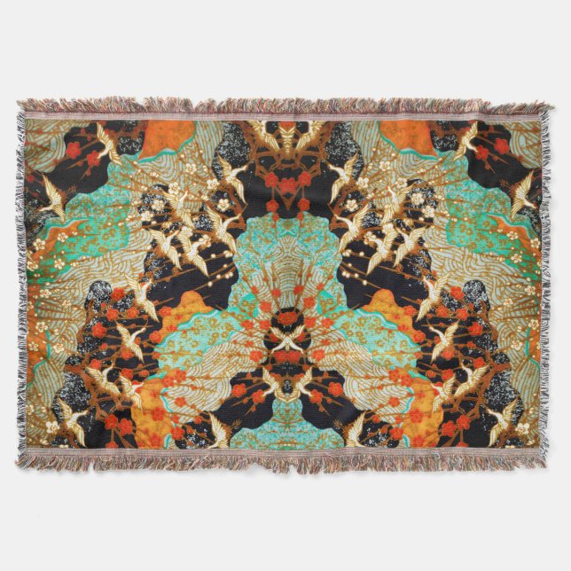 FLYING CRANES WITH SPRING FLOWERS Japanese Floral Throw Blanket (Front)
