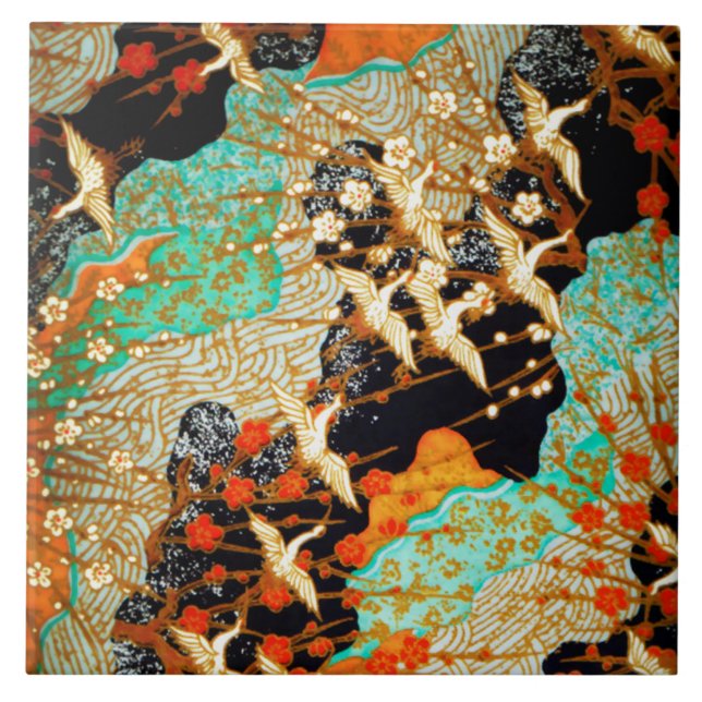 FLYING CRANES WITH SPRING FLOWERS Japanese Floral Tile (Front)