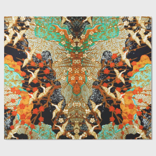 FLYING CRANES WITH SPRING FLOWERS Japanese Floral Wrapping Paper (Flat)