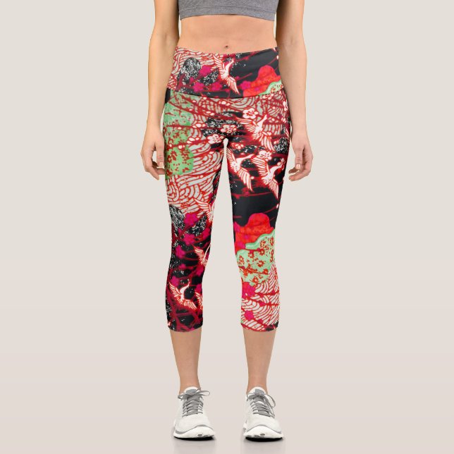 FLYING CRANES WITH SPRING FLOWERS Red Black Capri Leggings (Front)