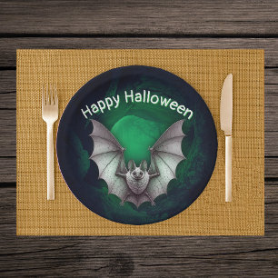 Flying Creepy Grey Bat Misty Glowing Green Cave Paper Plate