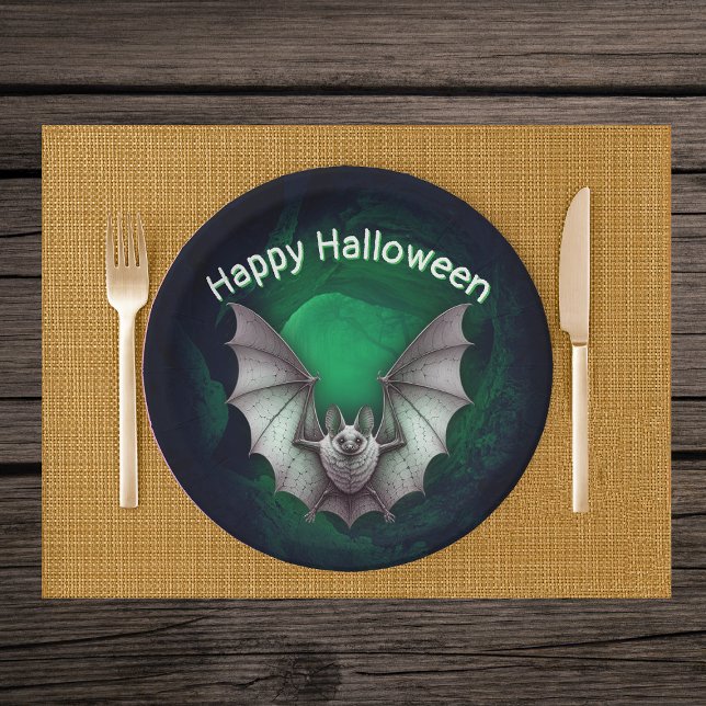 Flying Creepy Grey Bat Misty Glowing Green Cave Paper Plate (Creepy flying grey bat in misty glowing green cave on Halloween party paper plates.)