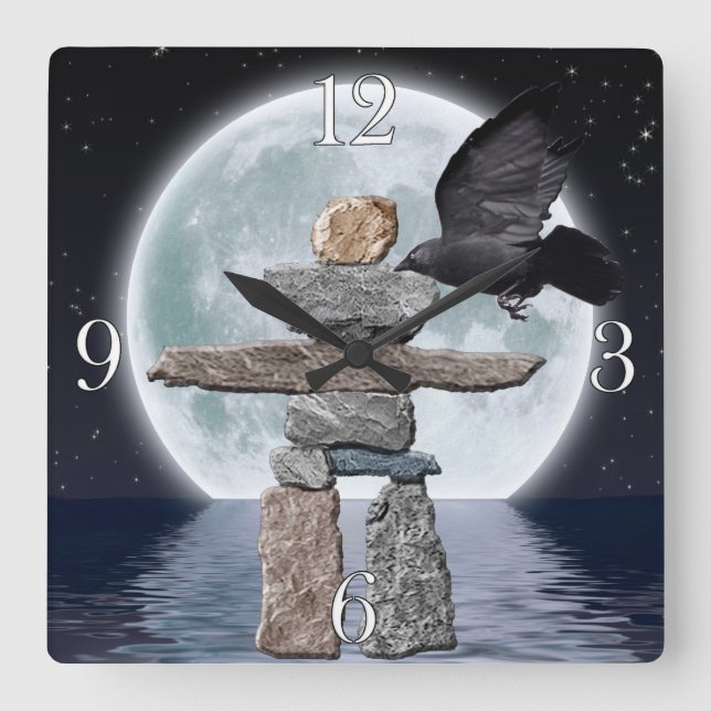 Flying Crow, Inukshuk and Full Moon Photo Art Square Wall Clock (Front)