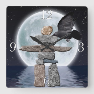 Flying Crow, Inukshuk and Full Moon Photo Art Square Wall Clock