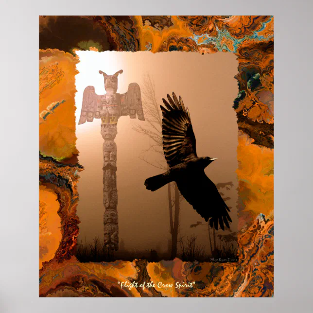 Flying Crow Spirit & Totem Pole Art Poster | Zazzle