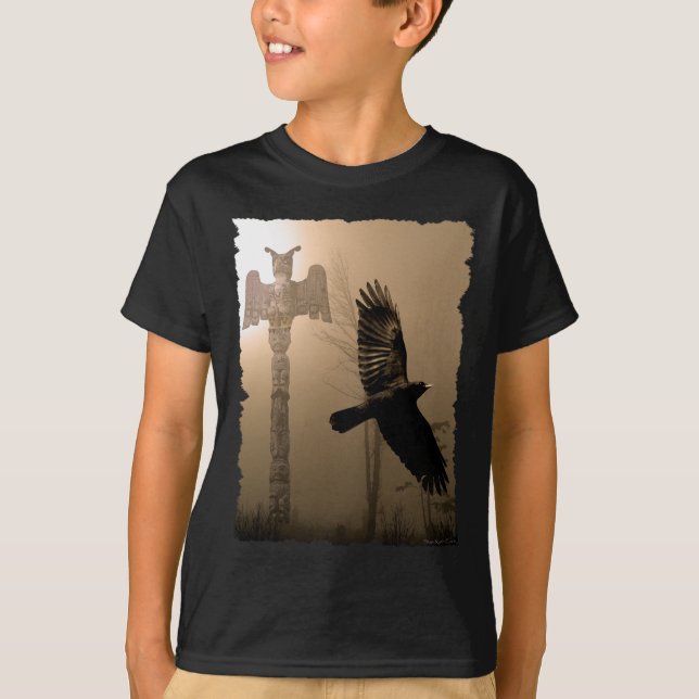 Flying Crow Spirit & Totem Pole Native Art T-Shirt (Front)