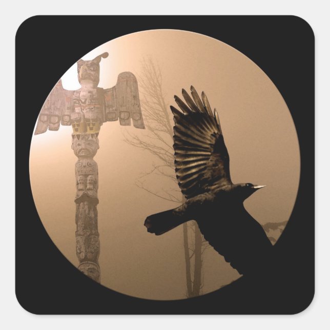 Flying Crow Spirit & Totem Pole Sacred Art Square Sticker (Front)