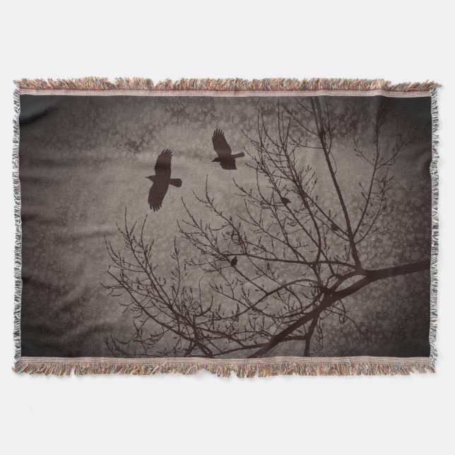 Flying Crows Tree Branches Birds Gothic Throw Blanket (Front)